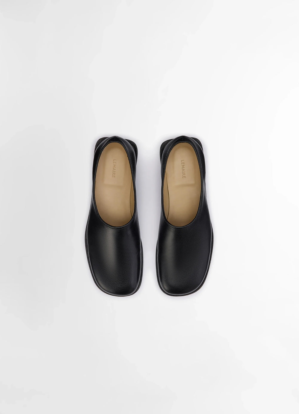 Lemaire Anatomic Slip On in Glossy Buffalo Leather, product shot, paired top view smooth rounded toe