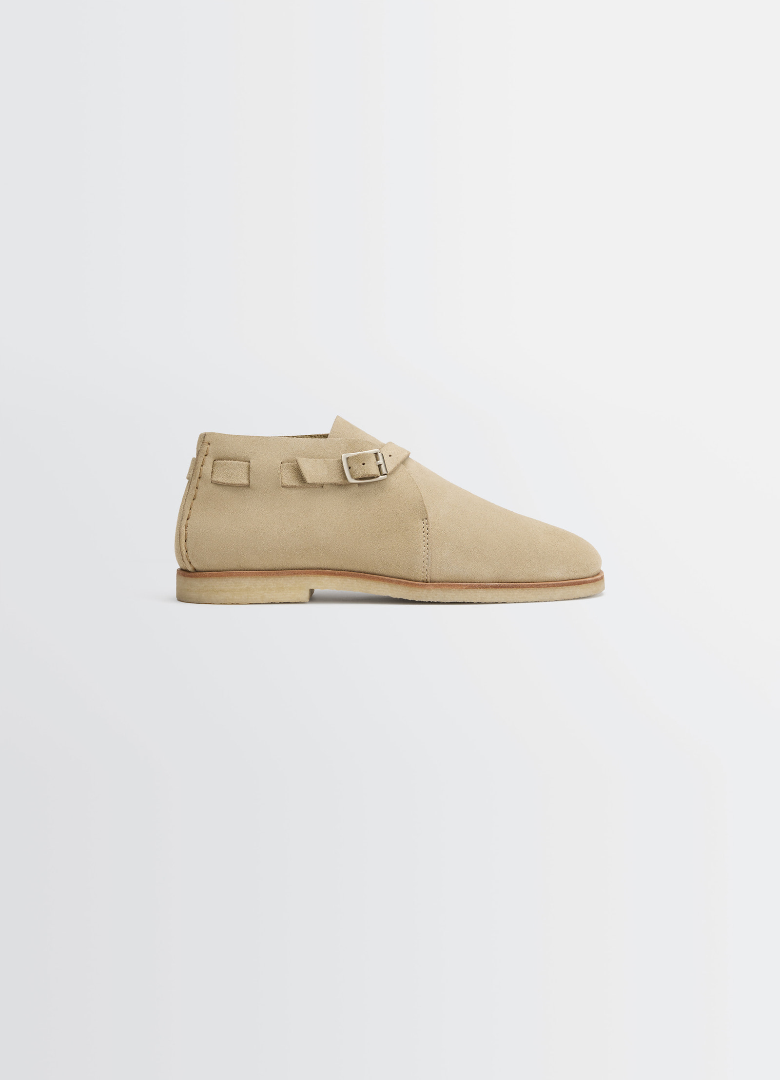 Lemaire buckle slip-on in suede leather, product shot, side view cross-strap buckle