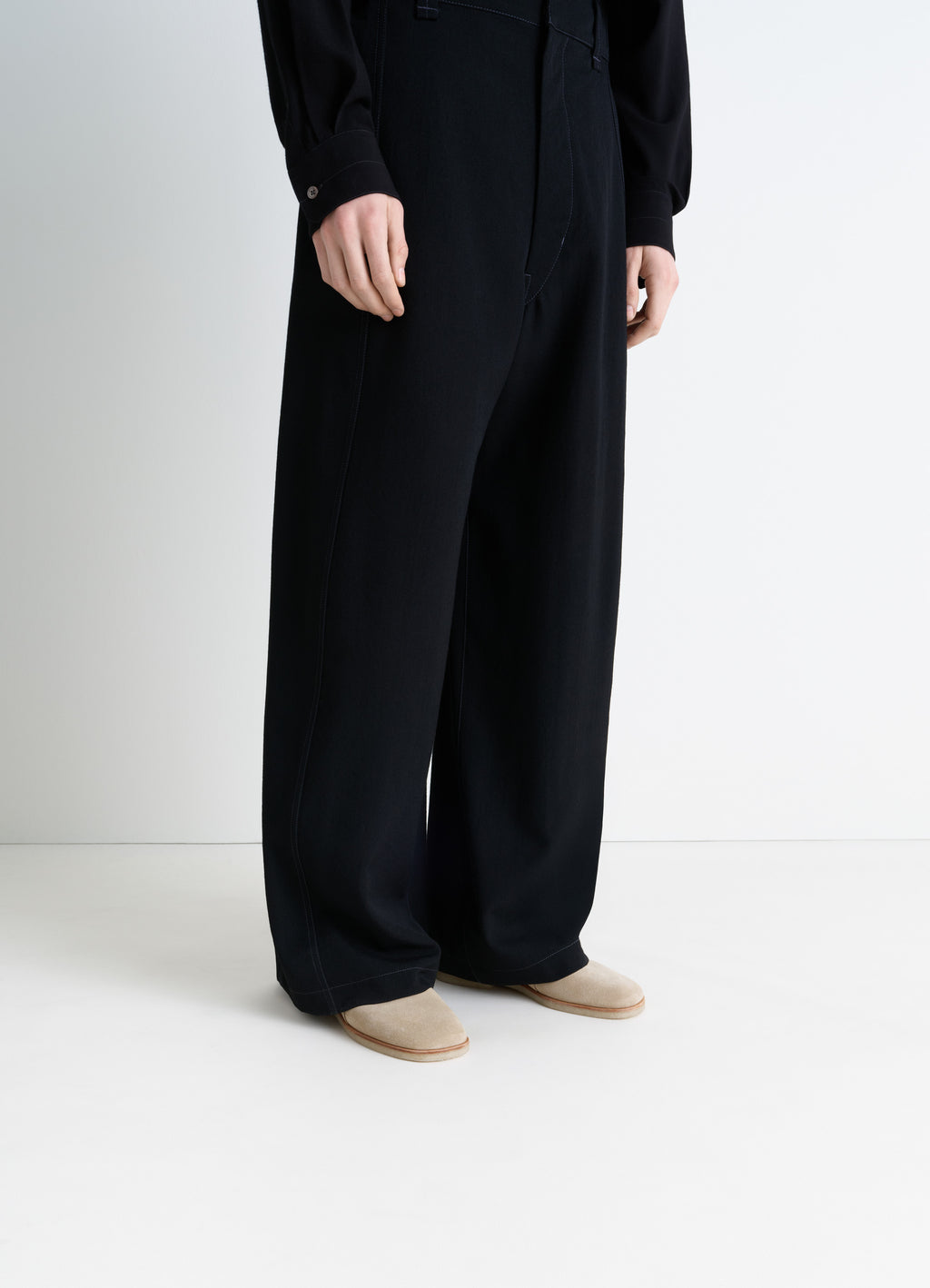 Lemaire Buckle Slip-On in Suede Leather, model shot, low angle loose fit