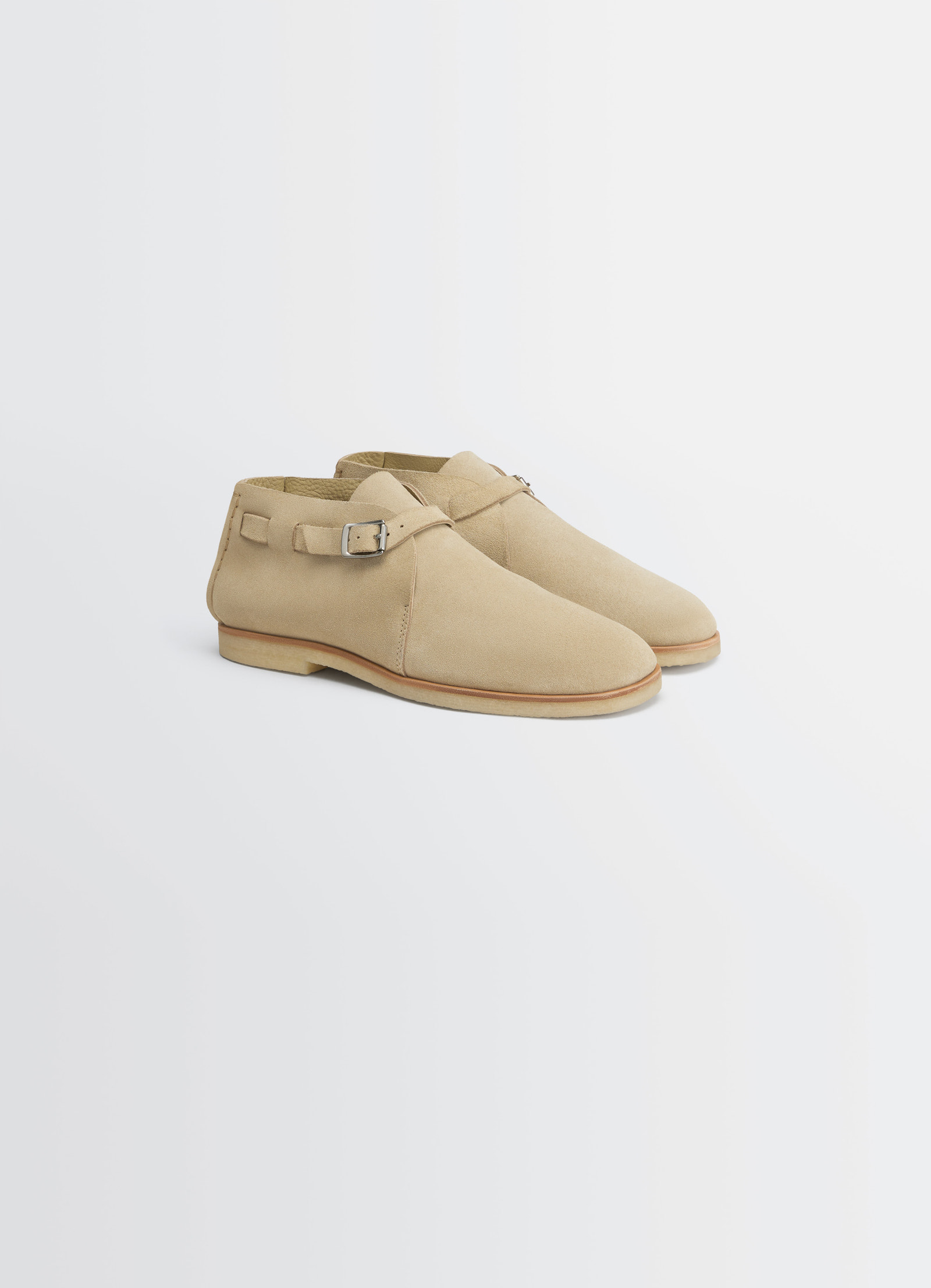 Lemaire buckle slip-on in suede leather, product shot, three-quarter view pointed toe