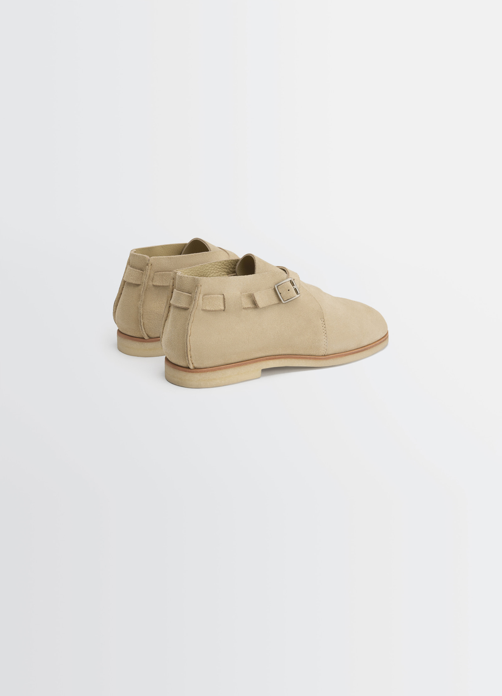 Lemaire buckle slip-on in suede leather, product shot, rear angle ankle-high cut
