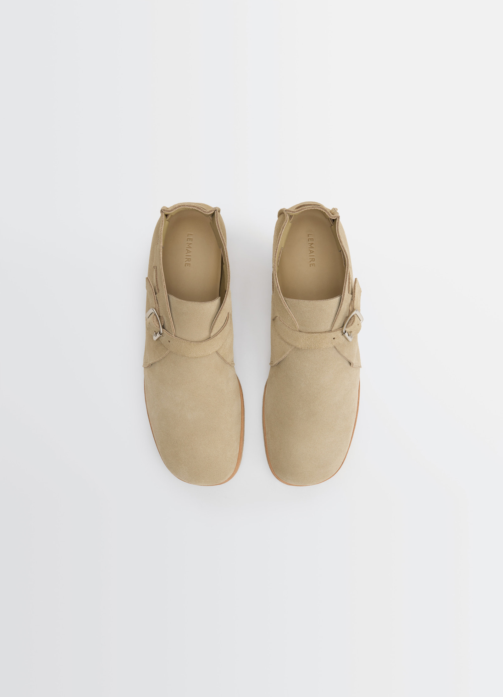 Lemaire buckle slip-on in suede leather, product shot, top view double buckle detail