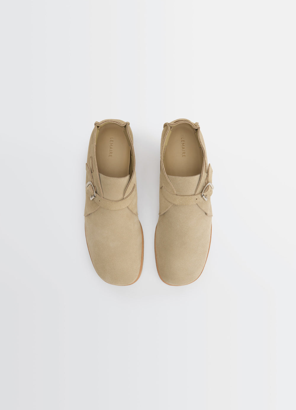 Lemaire Buckle Slip-On in Suede Leather, product shot, top view double buckle detail