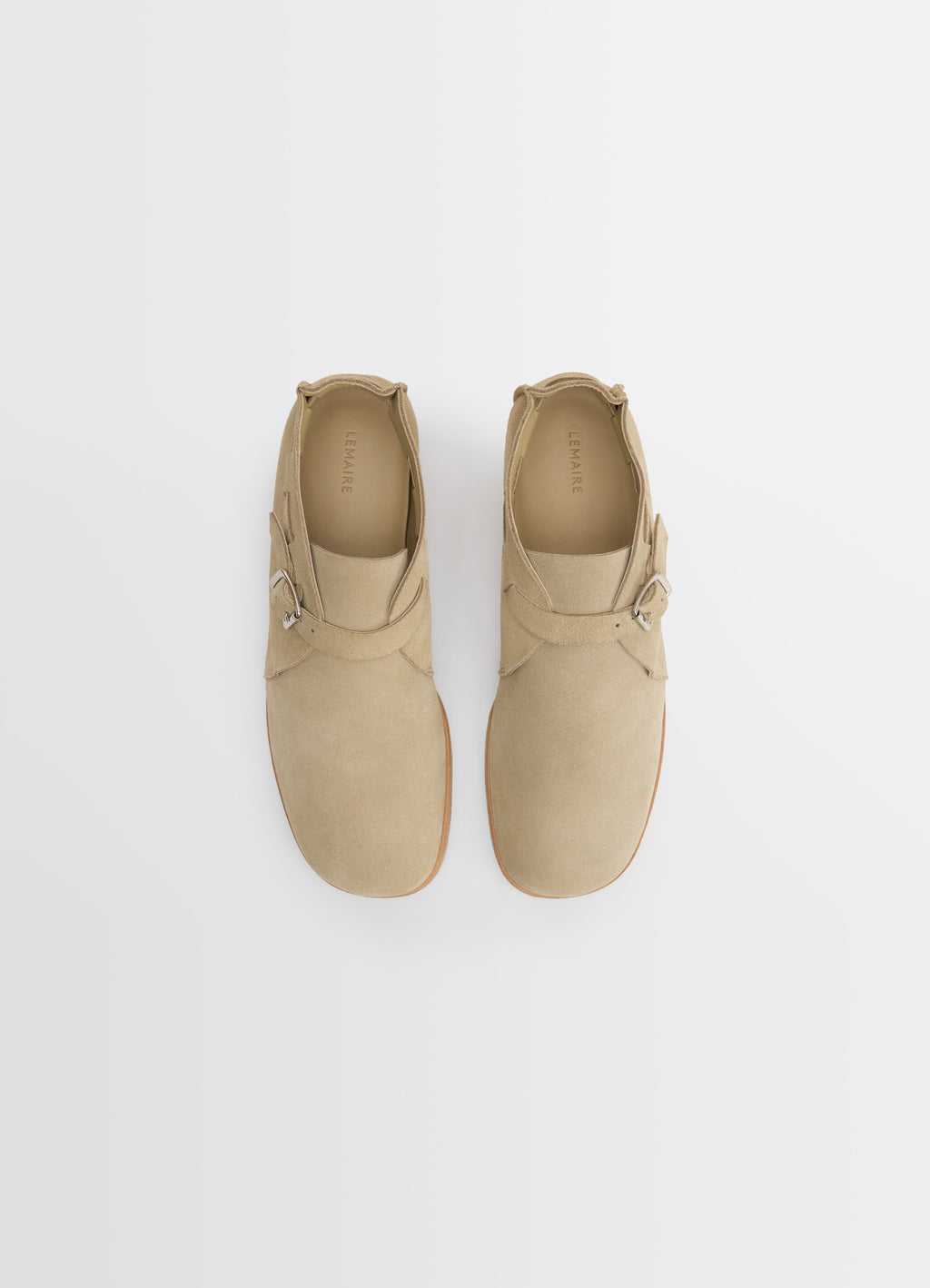 Lemaire Buckle Slip-On in Suede Leather, product shot, top view double buckle detail