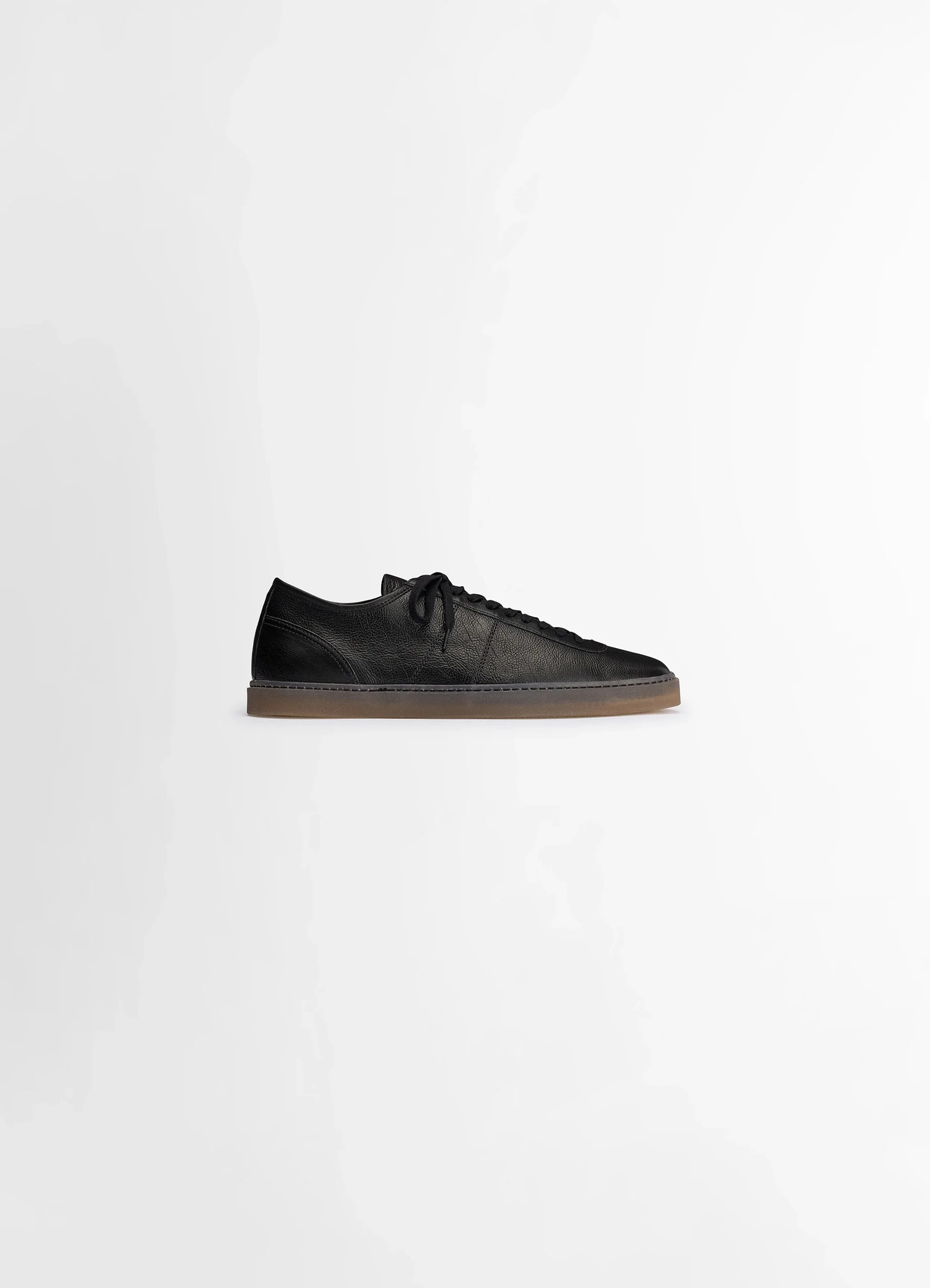 Linoleum laced up trainers in black smooth cow leather, product shot, side view square toe snug fit