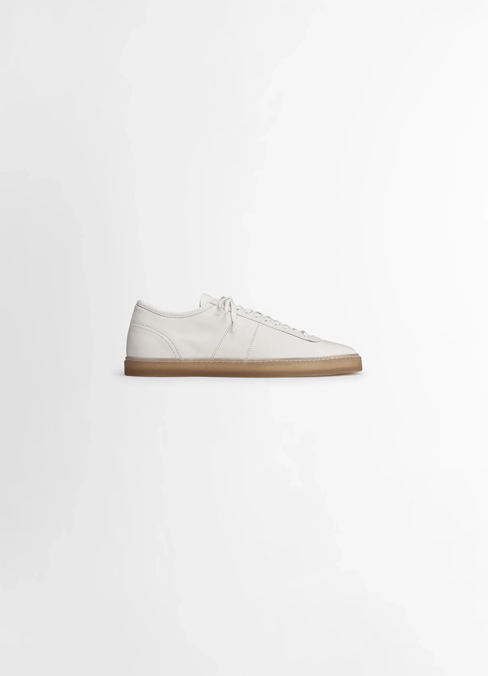 Lemaire linoleum laced up trainers in smooth soft cow leather, product shot, side view square toes, sewed rubber soles