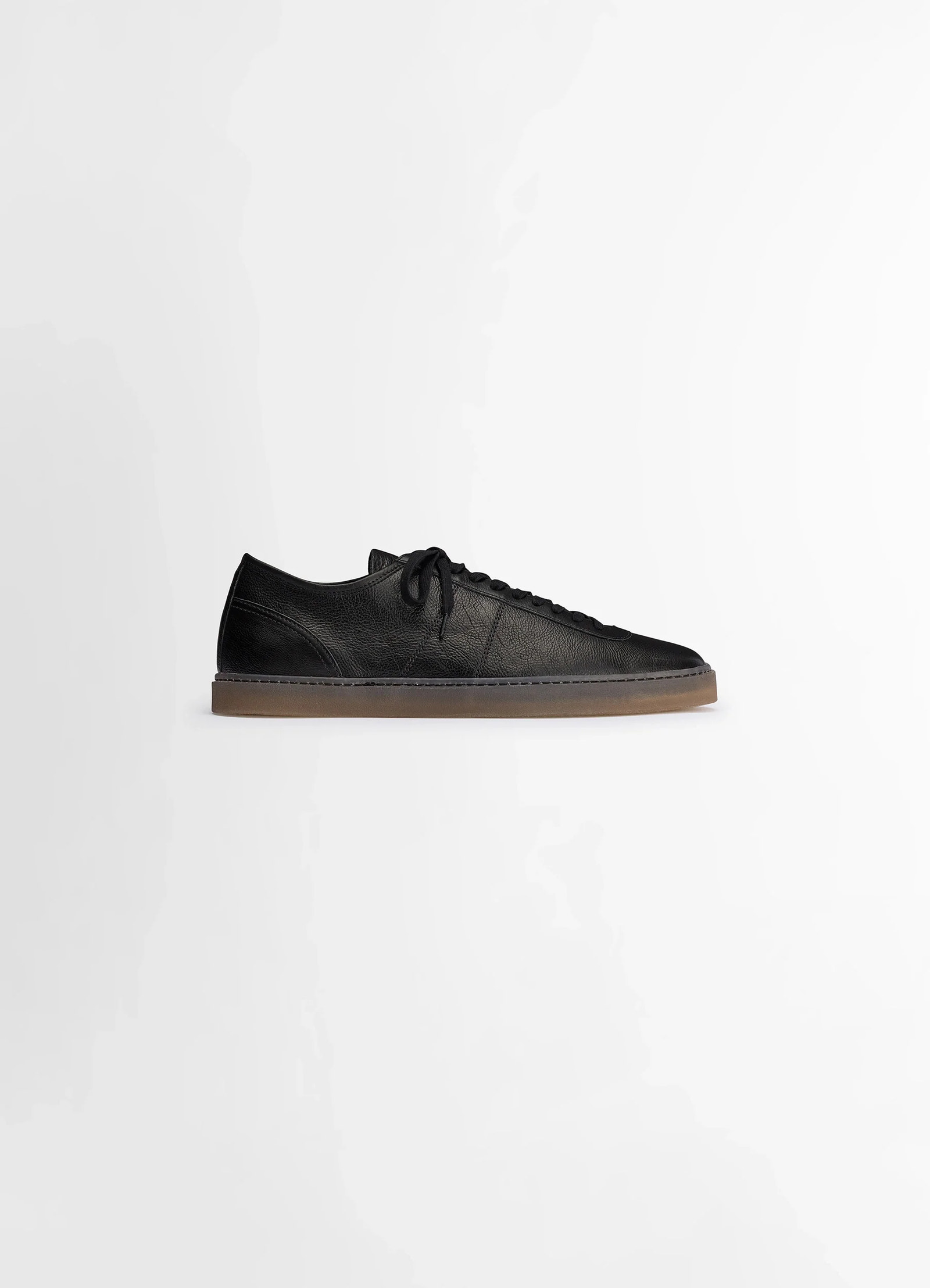 Linoleum laced up sneakers in black smooth soft cow leather, product shot, side view square toes, tight lacing