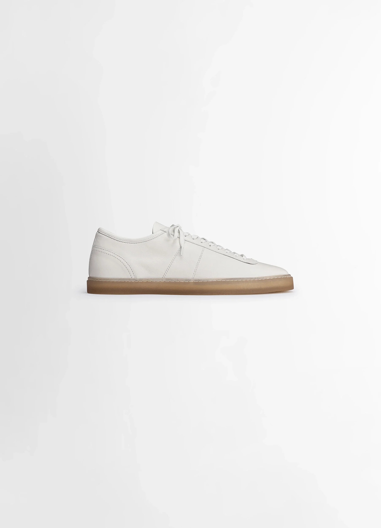 Lemaire linoleum laced up sneakers in smooth soft cow leather, product shot, side view square toes, thin sole