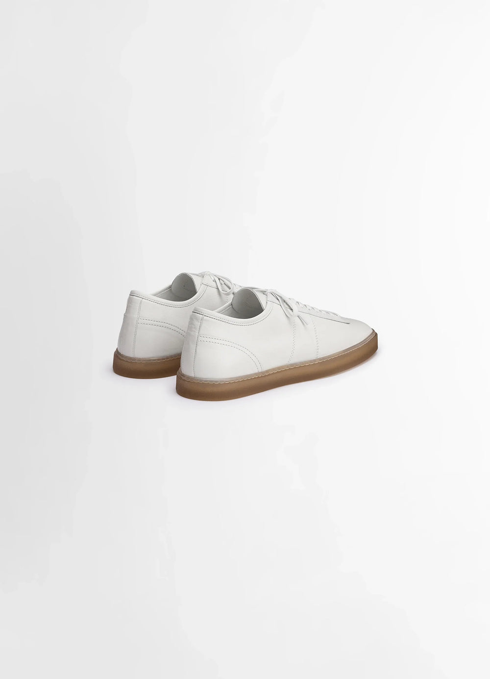Lemaire Linoleum Laced Up Sneakers in Smooth soft cow leather, product shot, back angled view gum sole contrast