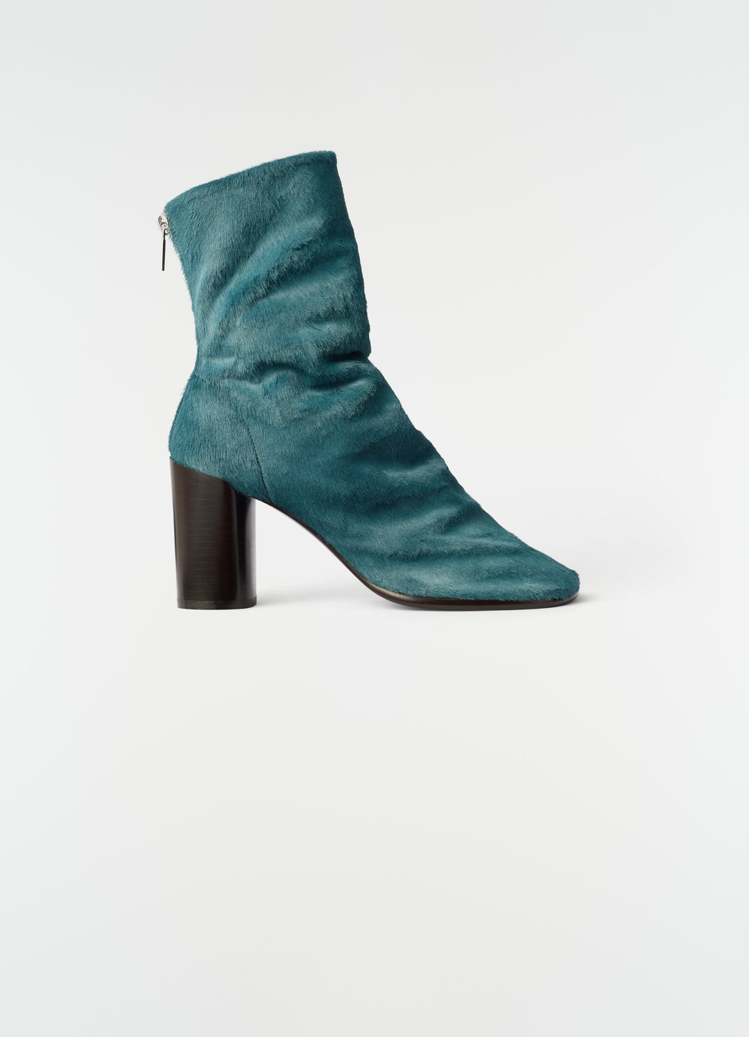 80mm glove heeled ankle boots in teal pony-style leather by LEMAIRE side view on plain background