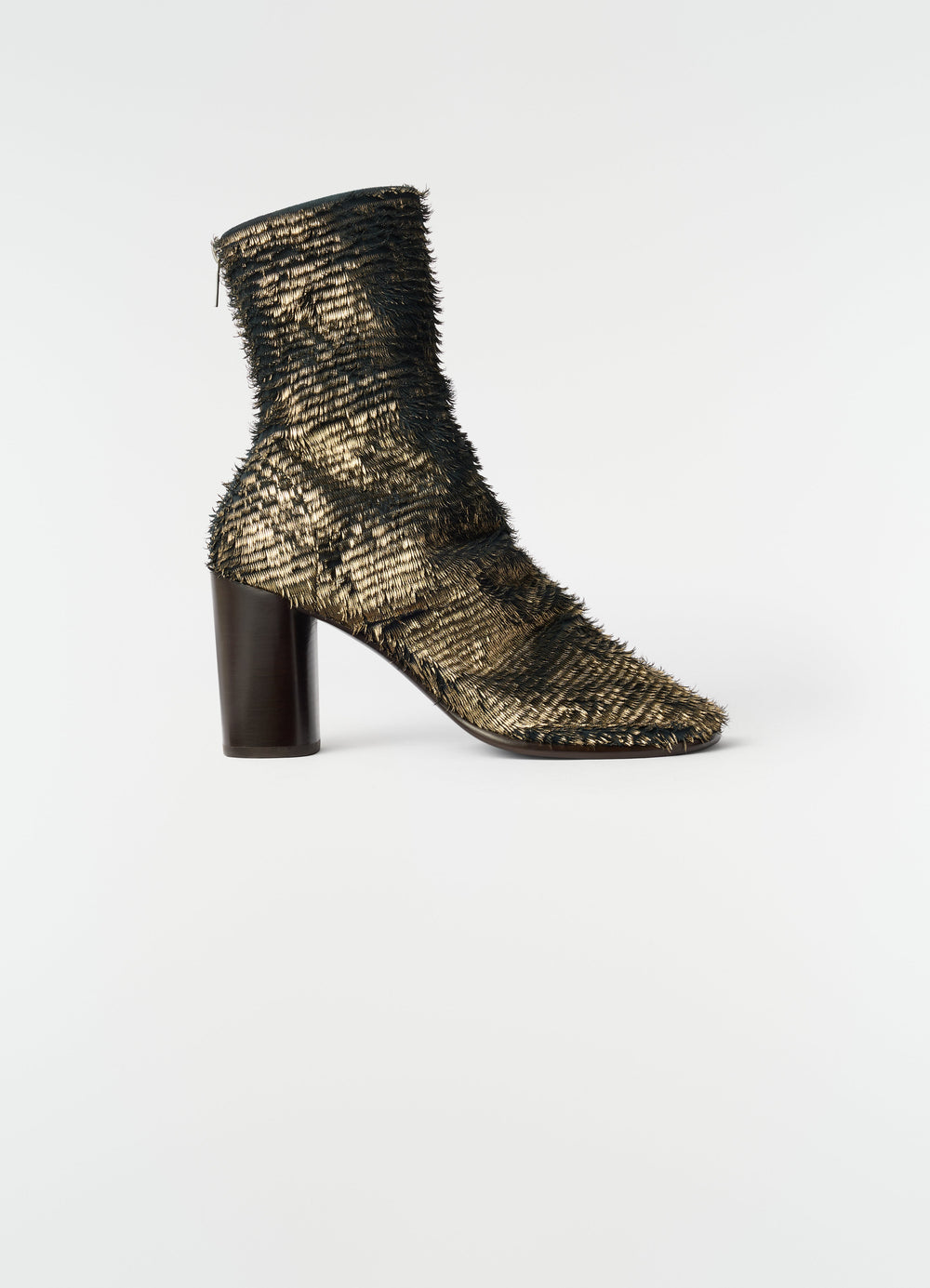 80mm heeled ankle boots in black and gold laminated textured leather by LEMAIRE front side on white background