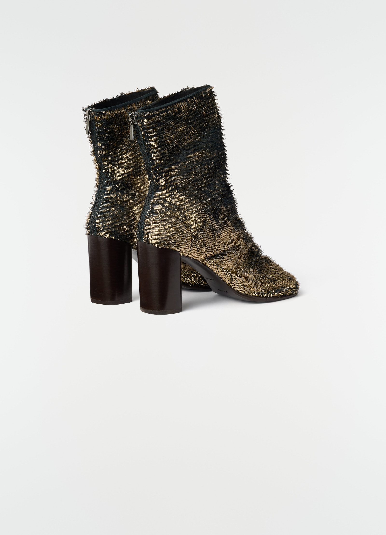 80 mm glove heeled ankle boots in gold laminated textured leather by lemaire back view on plain white background