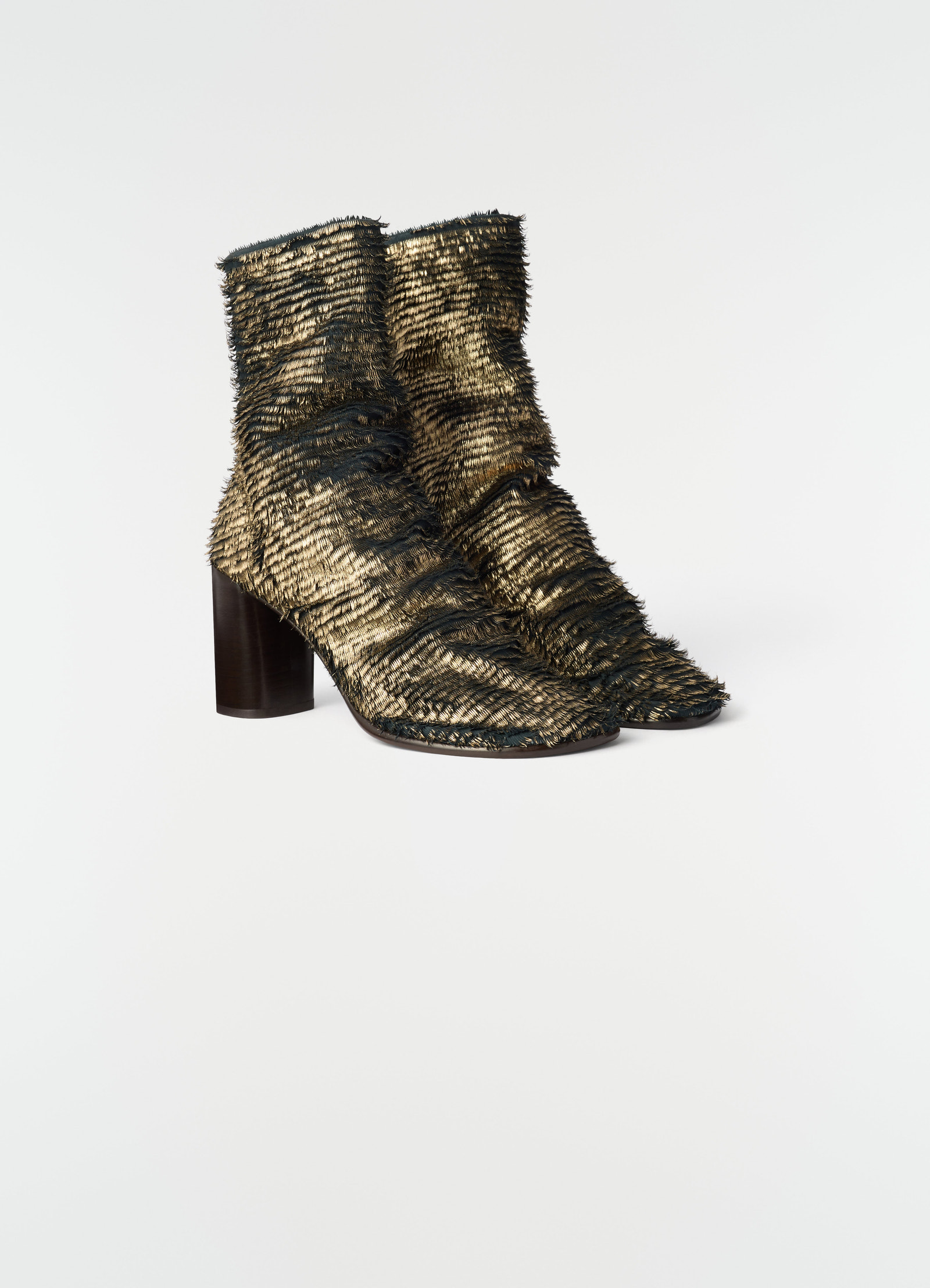 80 mm glove heeled ankle boots in gold laminated textured leather by lemaire on plain white background
