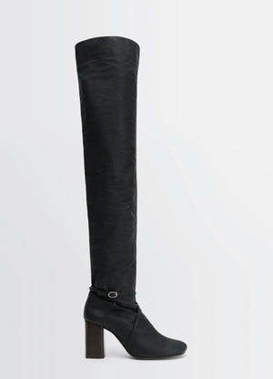 Knotted Anatomic High Boots 80 in Black Water-Repellent Cotton, product shot, Side view Rounded toe, ergonomic fit