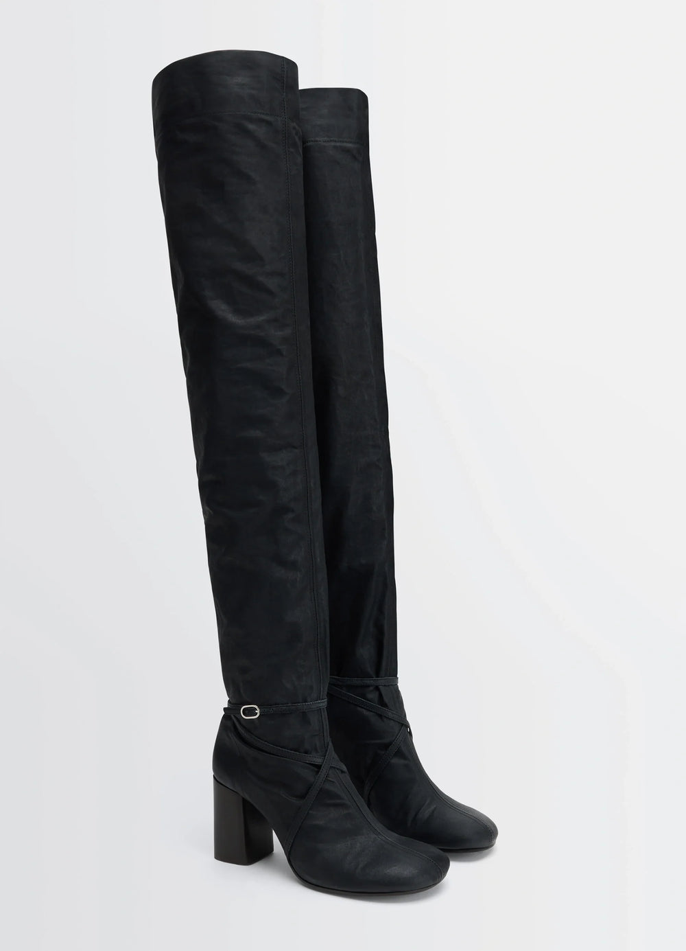 Knotted Anatomic High Boots 80 in Black Water-Repellent Cotton, product shot, three-quarter view knotted ankle strap