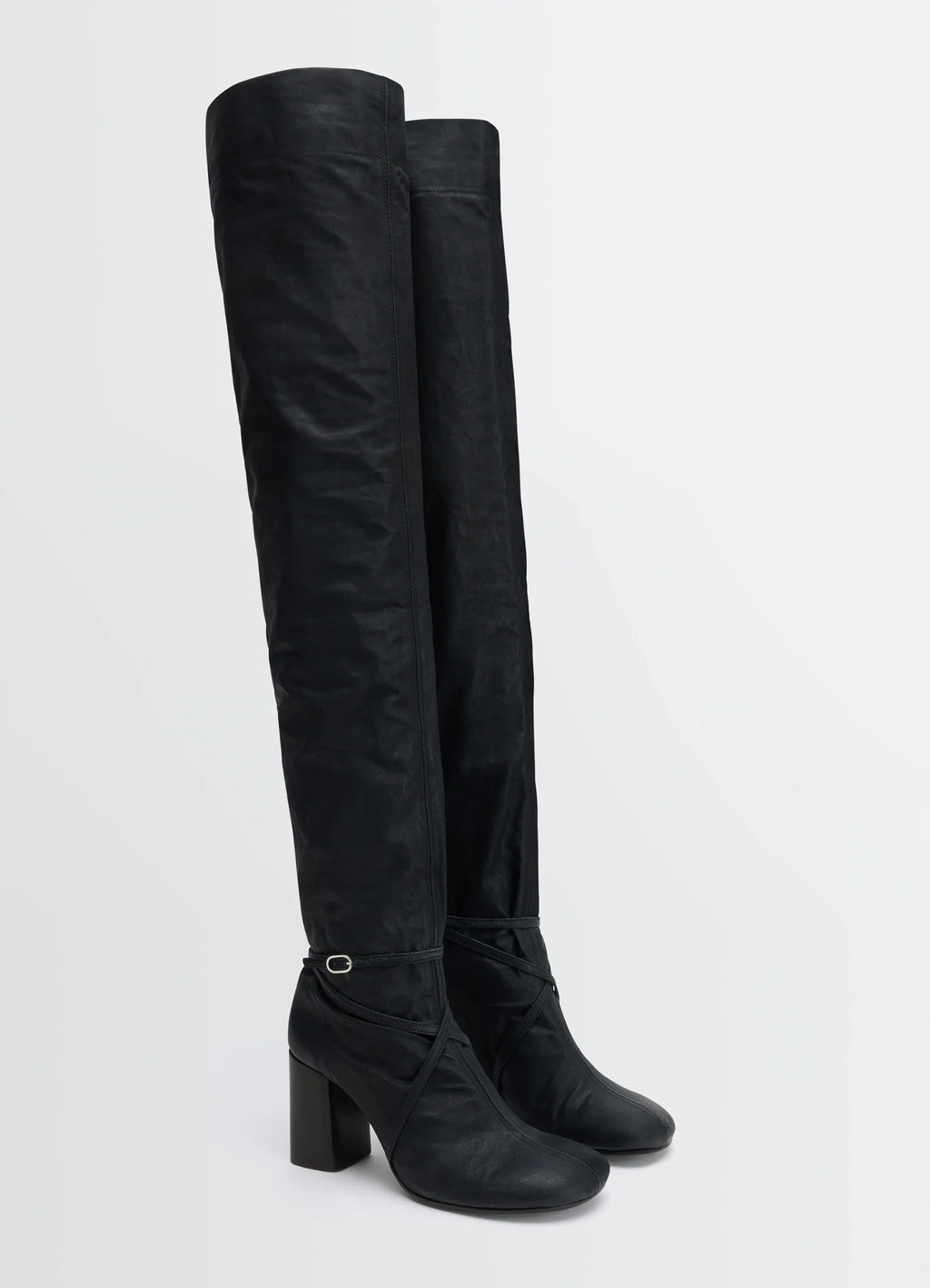 Knotted Anatomic High Boots 80 in Black Water-Repellent Cotton, product shot, three-quarter view knotted ankle strap