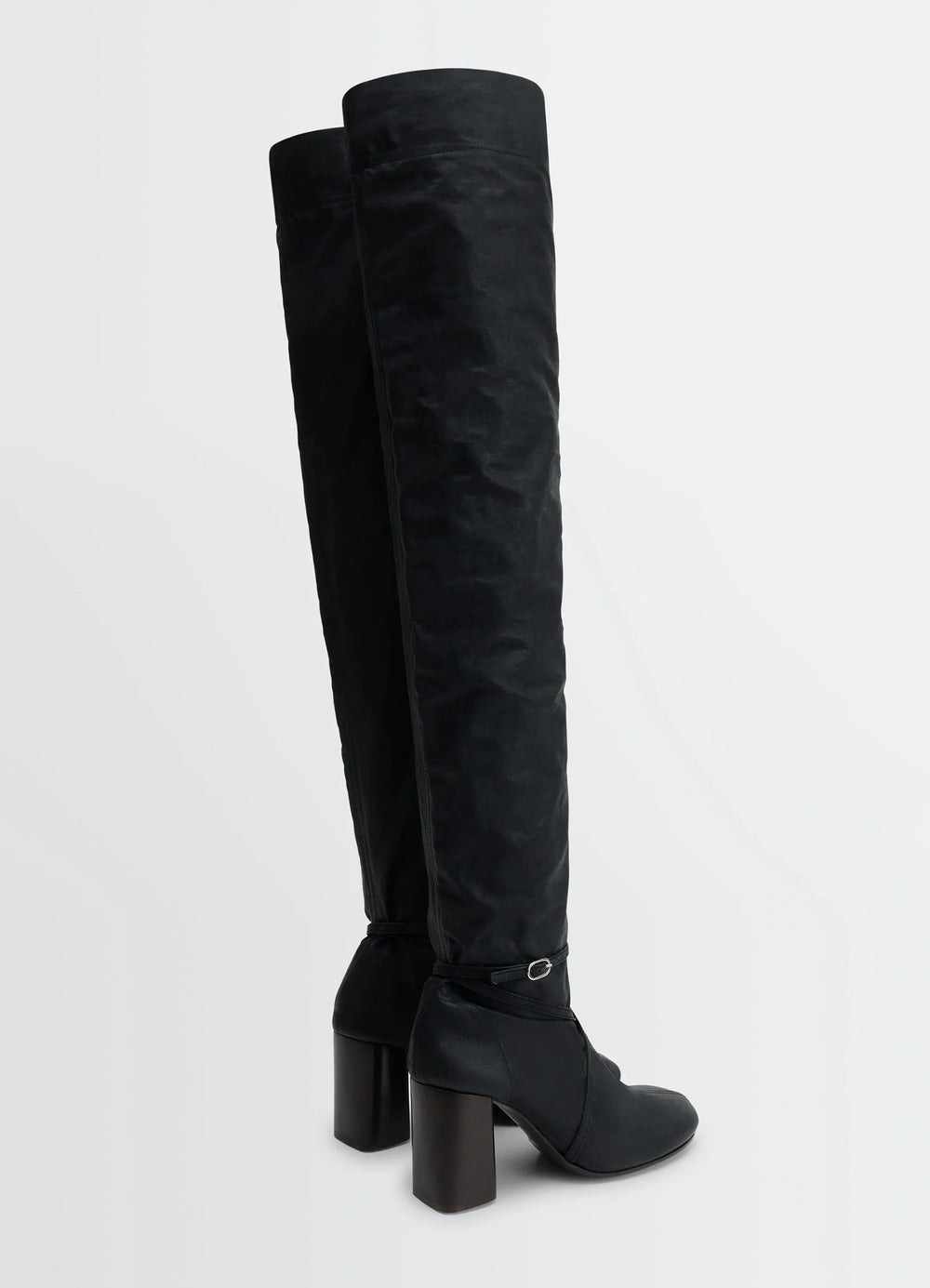 Knotted Anatomic High Boots 80 in Black Water-Repellent Cotton, product shot, rear three-quarter view thigh-high silhouette,