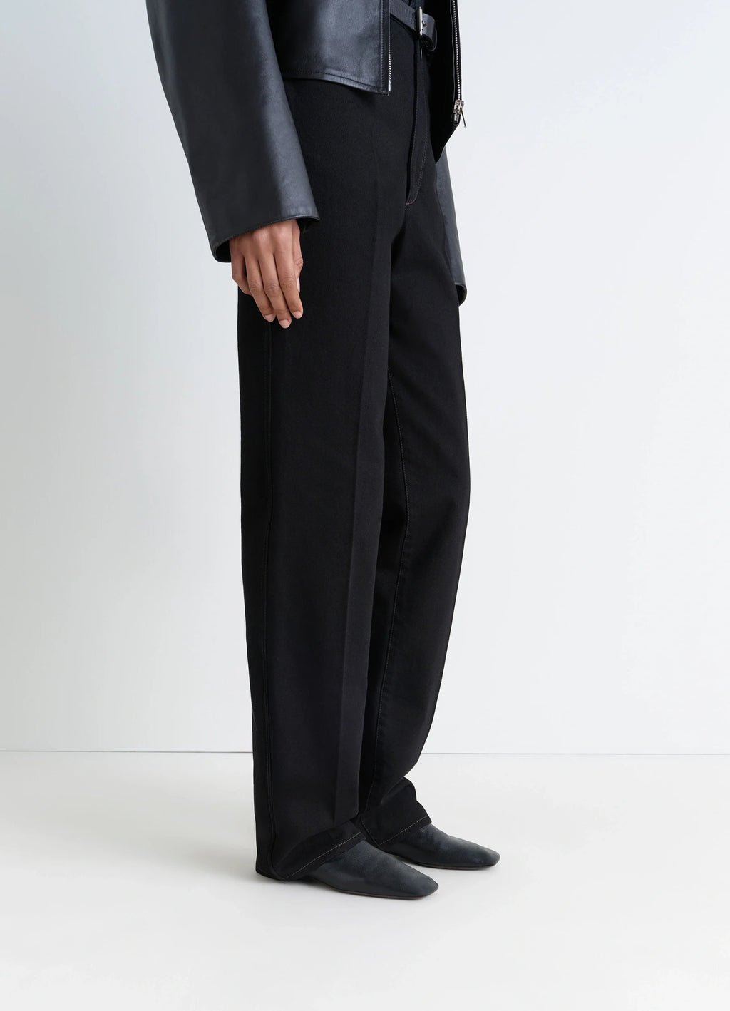 Lemaire Flat dOrsay Loafer in Grained goatskin leather, model shot, angled front view worn with pants