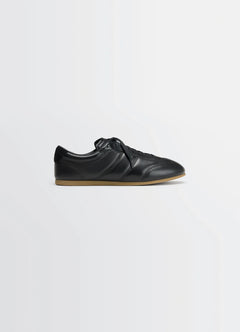 Vintage Running Sneakers in Black Nappa Lamb Leather, product shot, Side view Rubber-soled, stitched panels