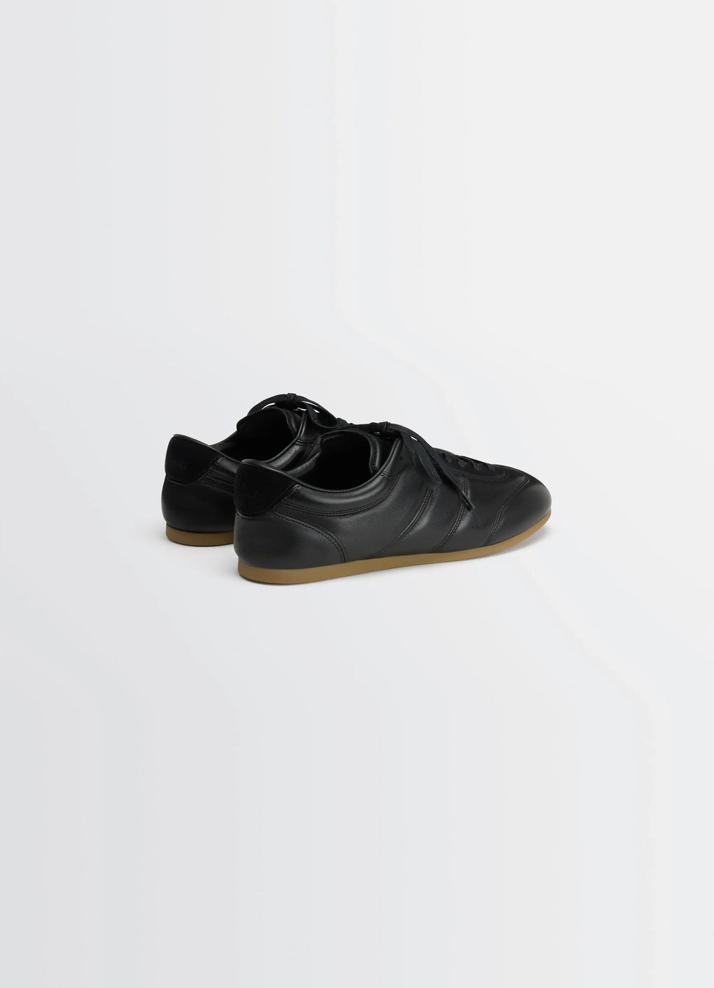 Vintage Running Sneakers in Black Nappa Lamb Leather, product shot, back angled view padded heel, shiny finish