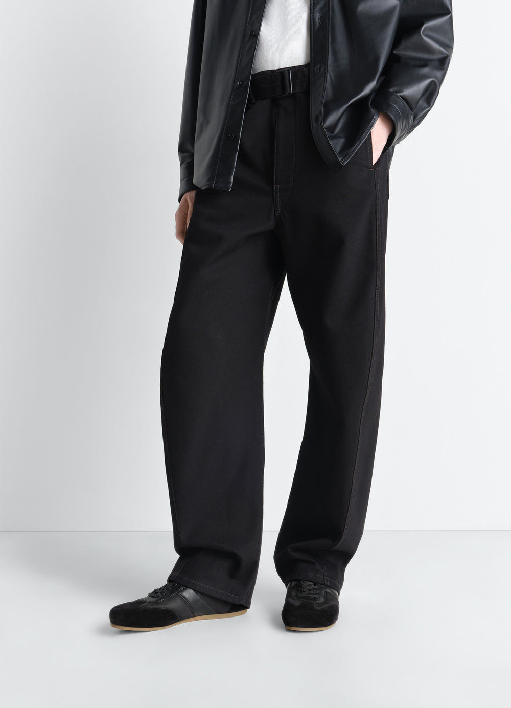 Soft Runners in Black Suede Leather, model shot, bottom front view worn with outfit