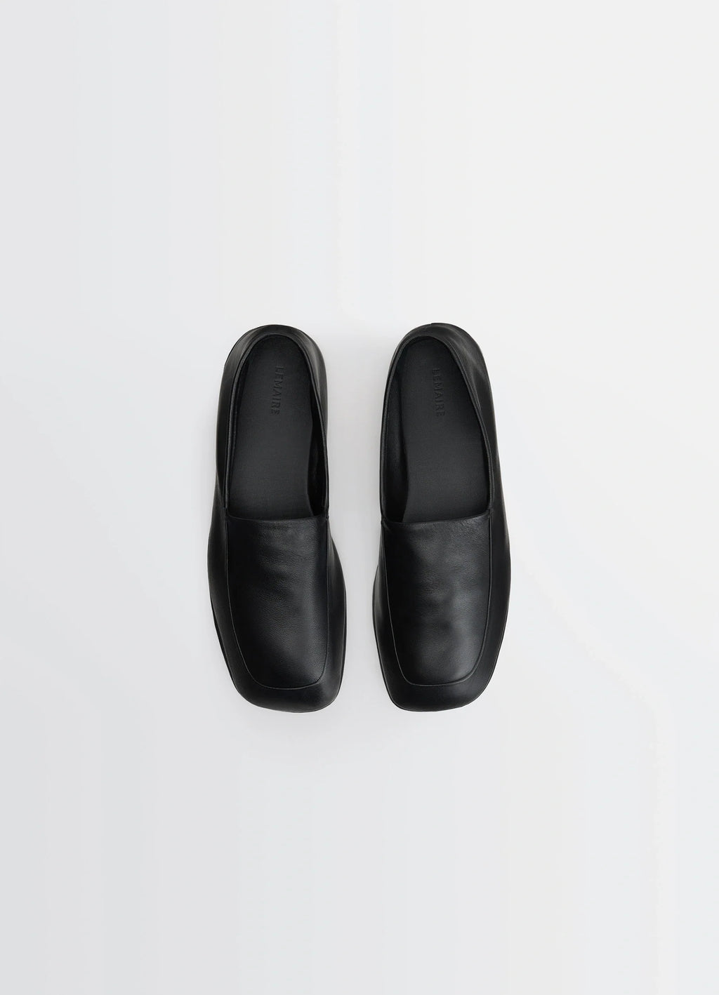 Indoor Slippers in Black Nappa Lamb Leather, product shot, top down view smooth square toe design