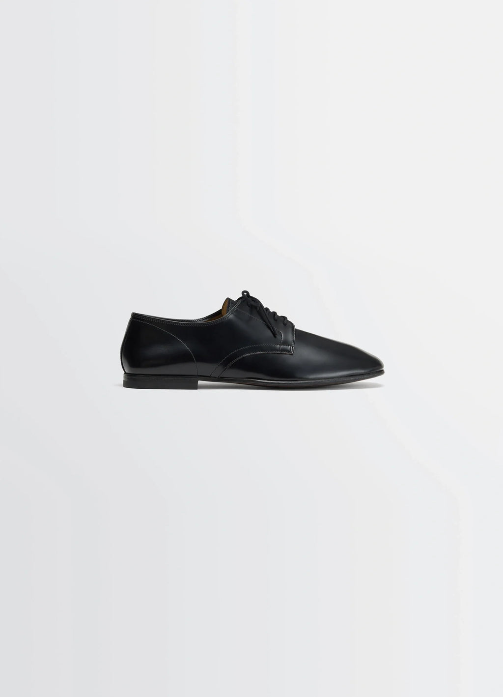 Lemaire Dance Derbies in Black Calf Leather, product shot, side view smooth shiny appearance