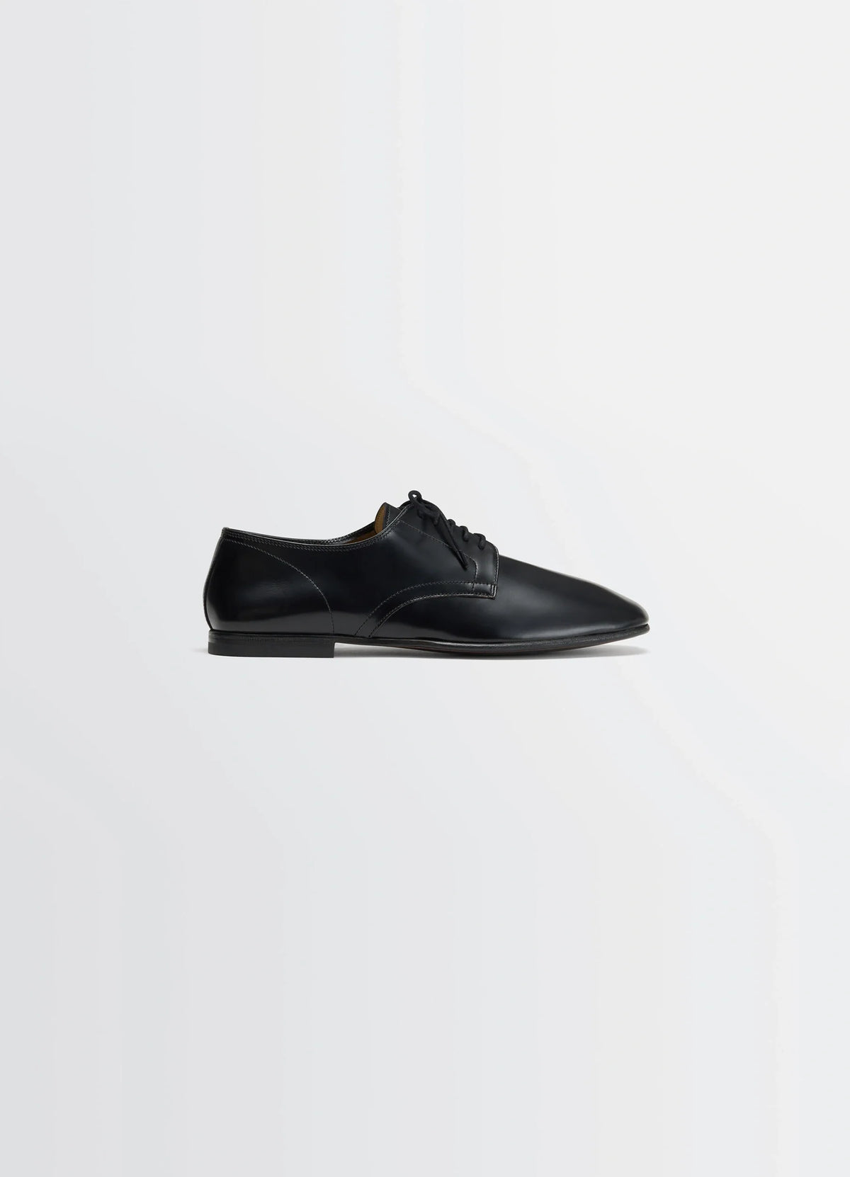 Lemaire Dance Derbies in Black Calf Leather, product shot, side view smooth shiny appearance
