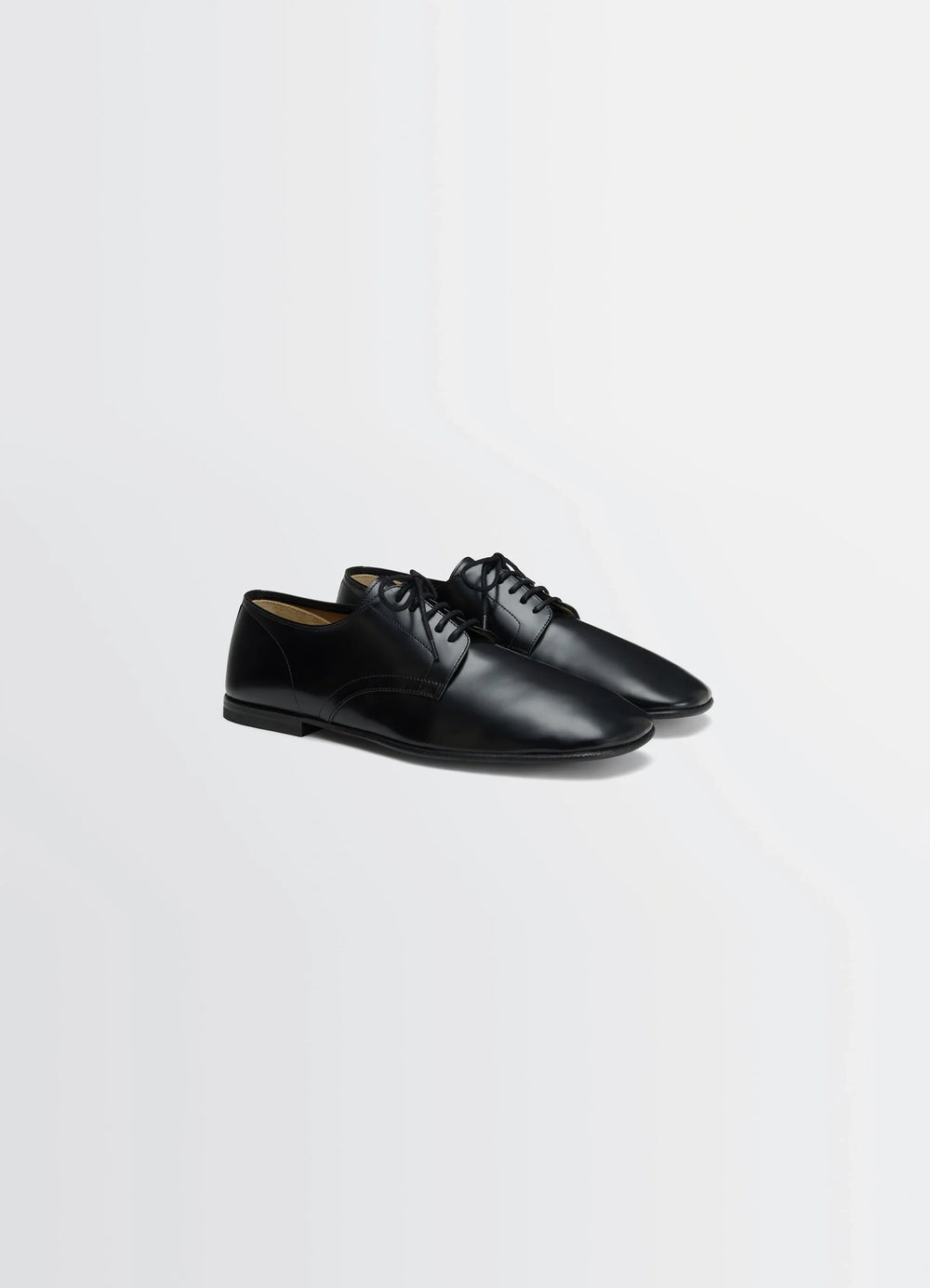 Lemaire Dance Derbies in Black Calf Leather, product shot, 3/4 angled view sleek almond shape