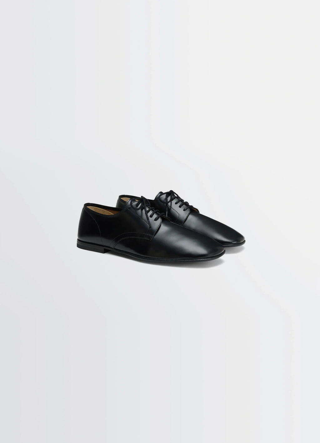 Lemaire Dance Derbies in Black Calf Leather, product shot, 3/4 angled view sleek almond shape