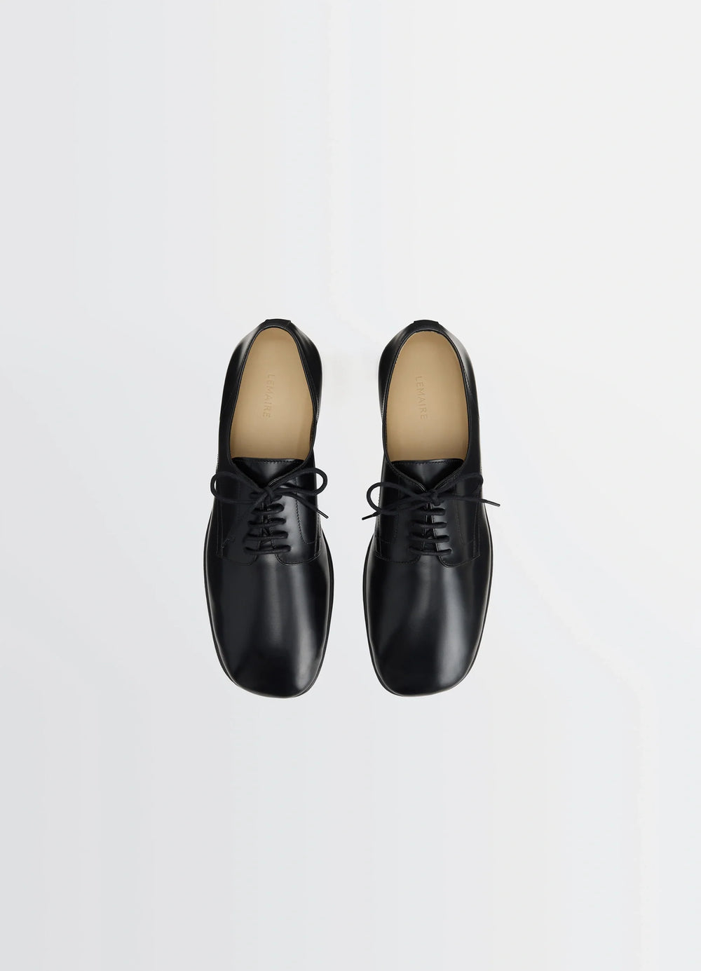 Lemaire Dance Derbies in Black Calf Leather, product shot, top down view sleek almond shape view 5