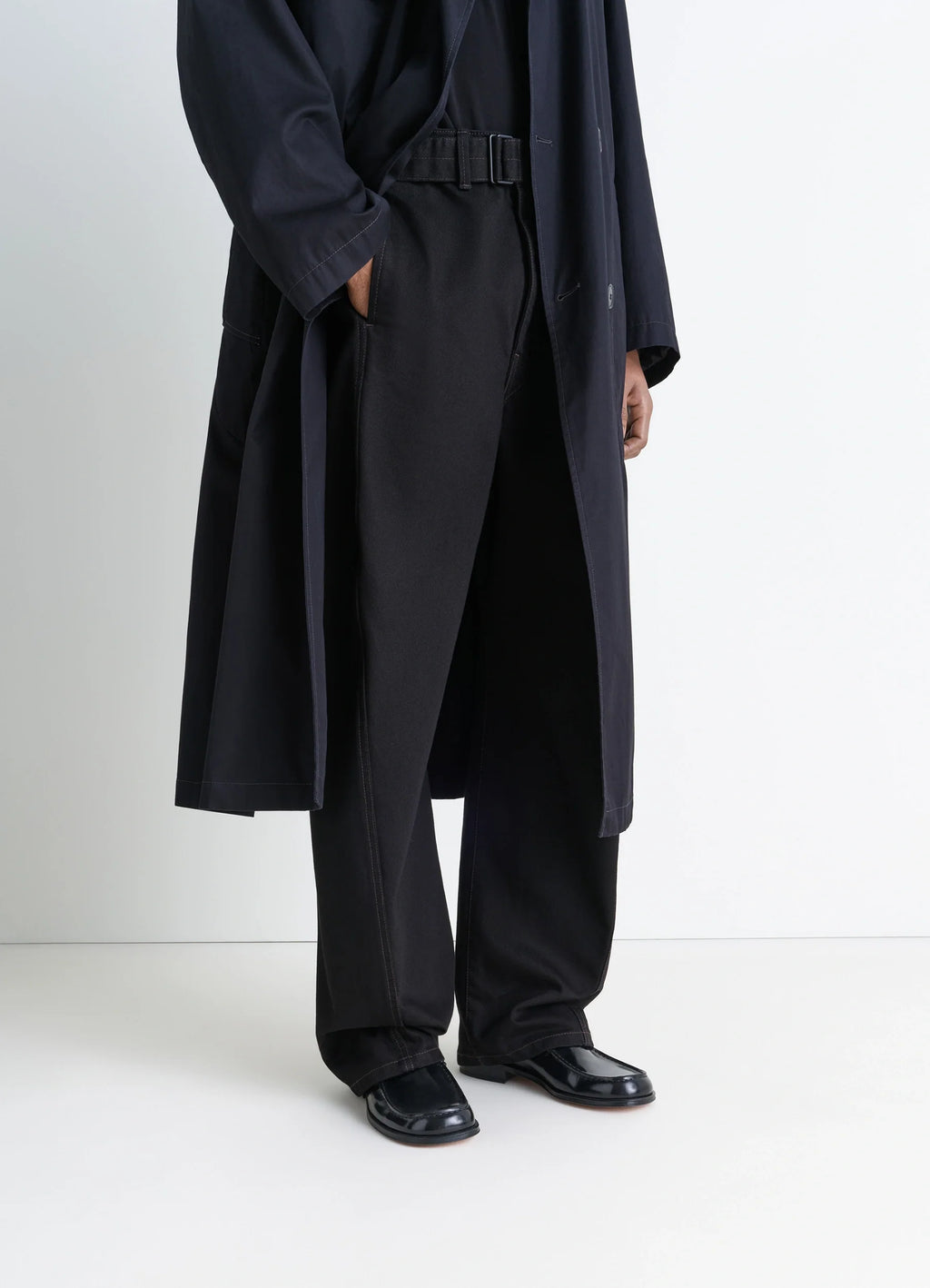 Inspired Formal Loafers in Shiny Smooth Black Leather, model shot, front angle view low heel detail