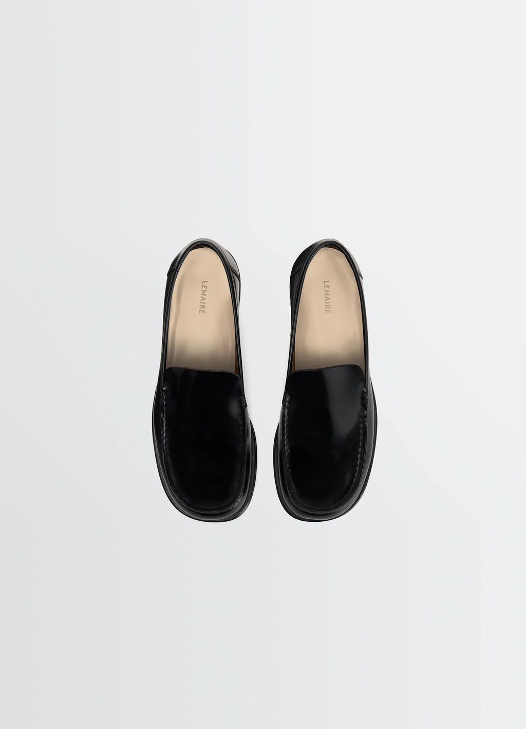 Inspired Formal Loafers in Shiny Smooth Black Leather, product shot, top view rounded toe design