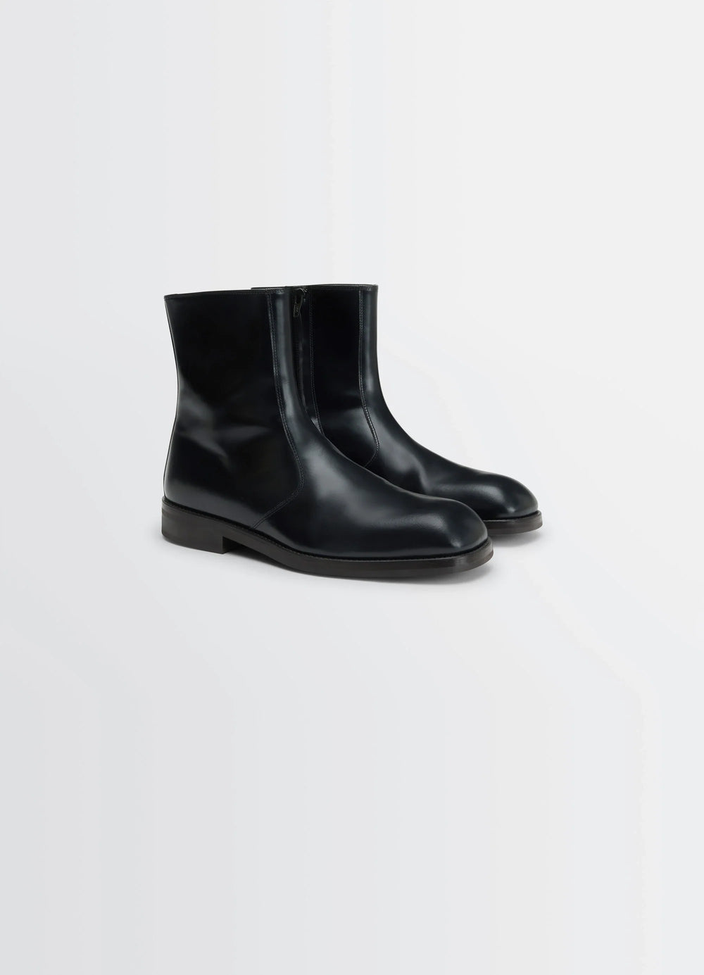Zipped Boots in Black Calf Leather, product shot, three-quarter view smooth shiny finish
