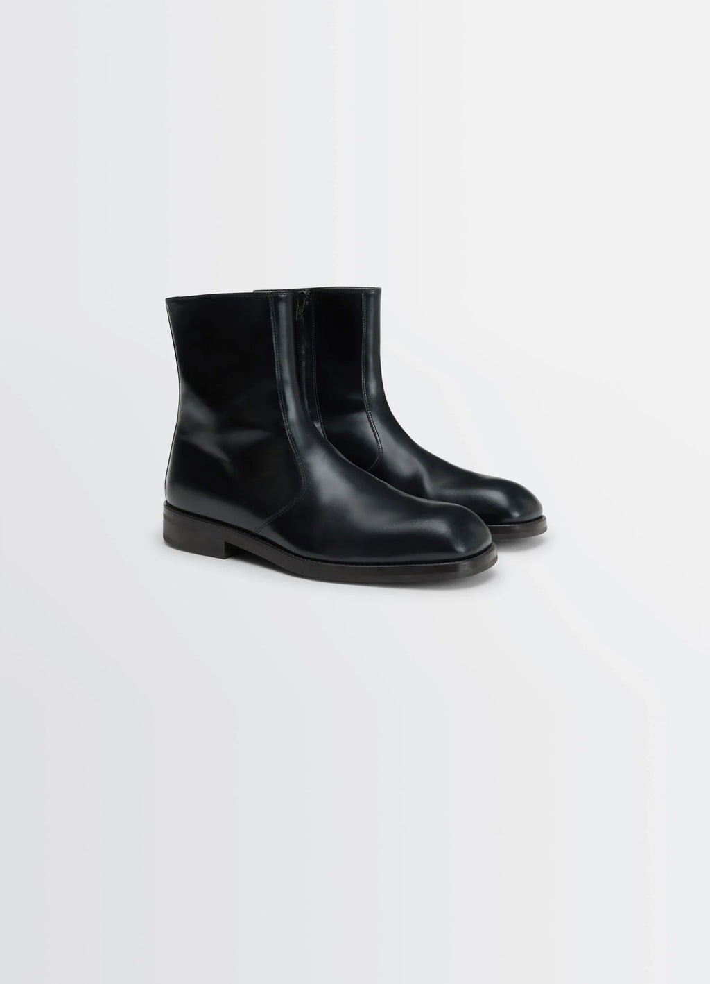 Zipped Boots in Black Calf Leather, product shot, three-quarter view smooth shiny finish