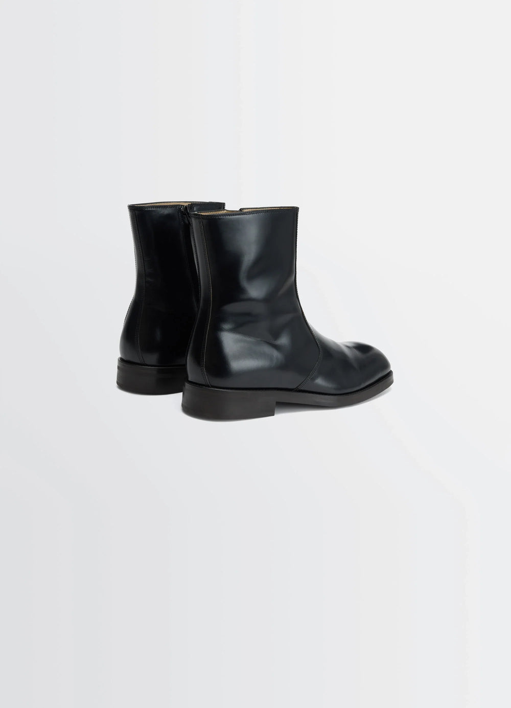 Zipped Boots in Black Calf Leather, product shot, rear three-quarter view smooth shiny rear design