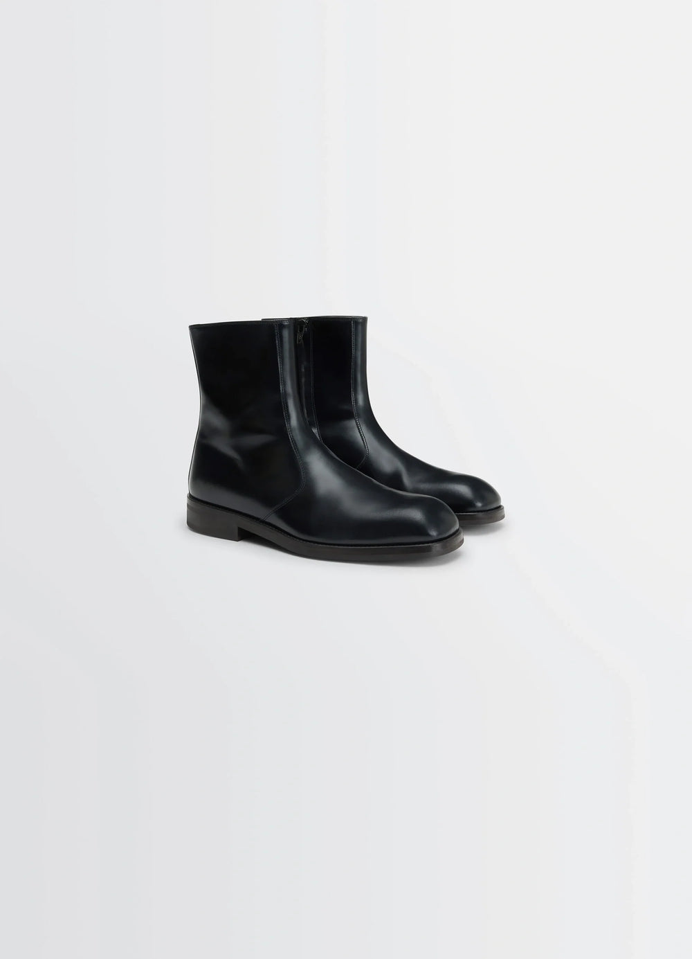 Zipped Boots in Black Calf Leather, product shot, three-quarter view smooth shiny finish