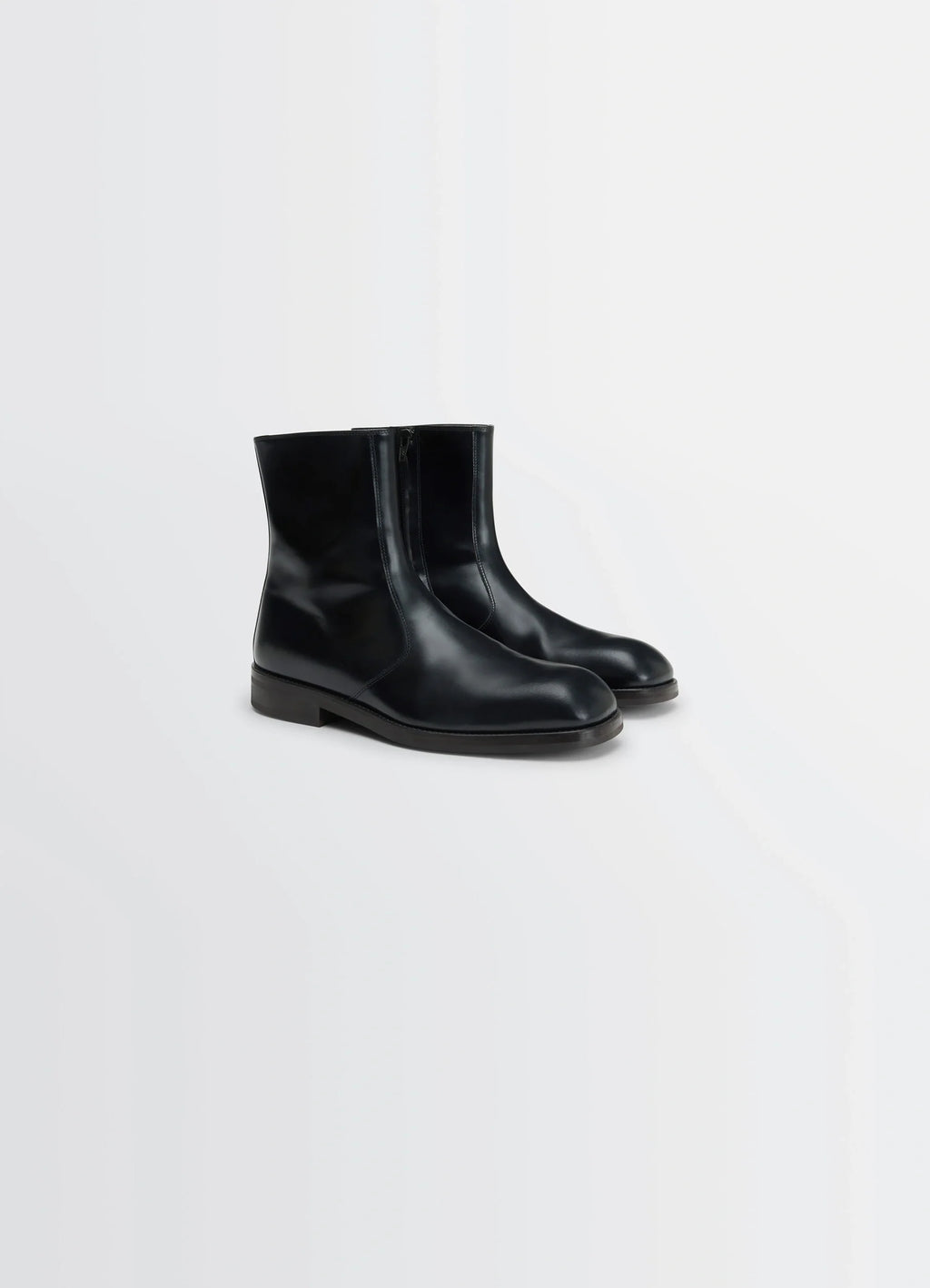 Zipped Boots in Black Calf Leather, product shot, three-quarter view smooth shiny finish