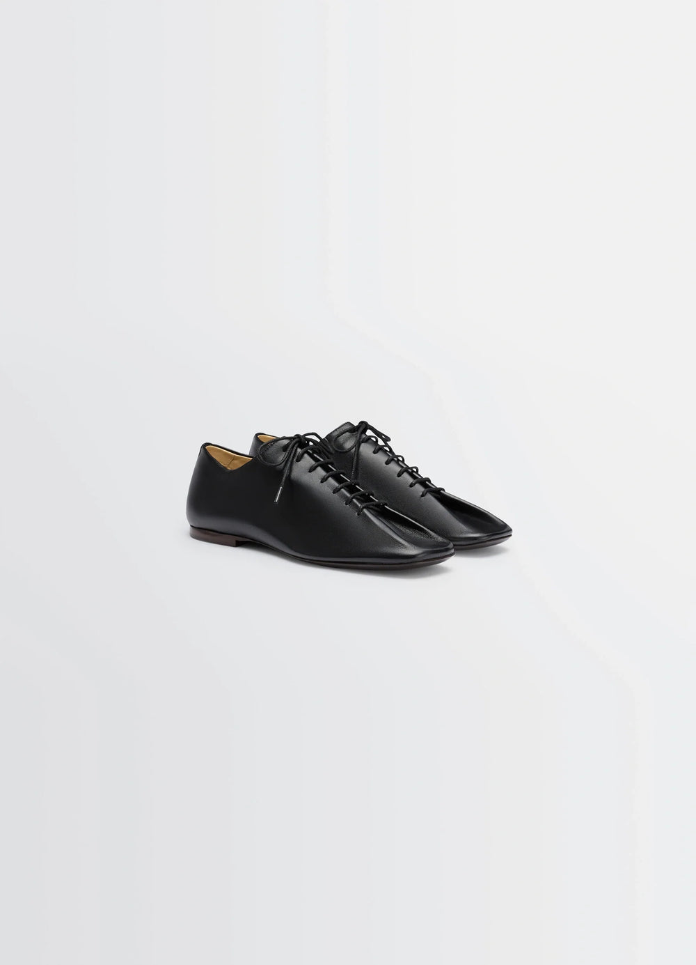 Souris Flat Classic Derbies in Black Nappa Lambskin Leather, product shot, angled top view sleek lace-up closure