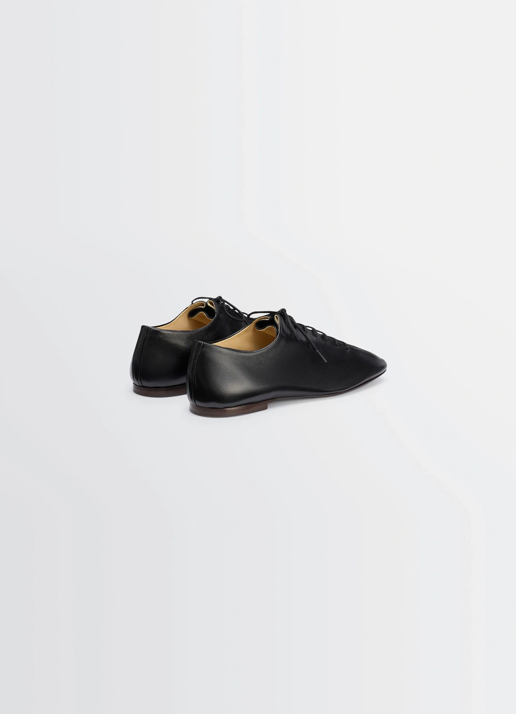 Souris Flat Classic Derbies in Black Nappa Lambskin Leather, product shot, rear angled view minimal heel design