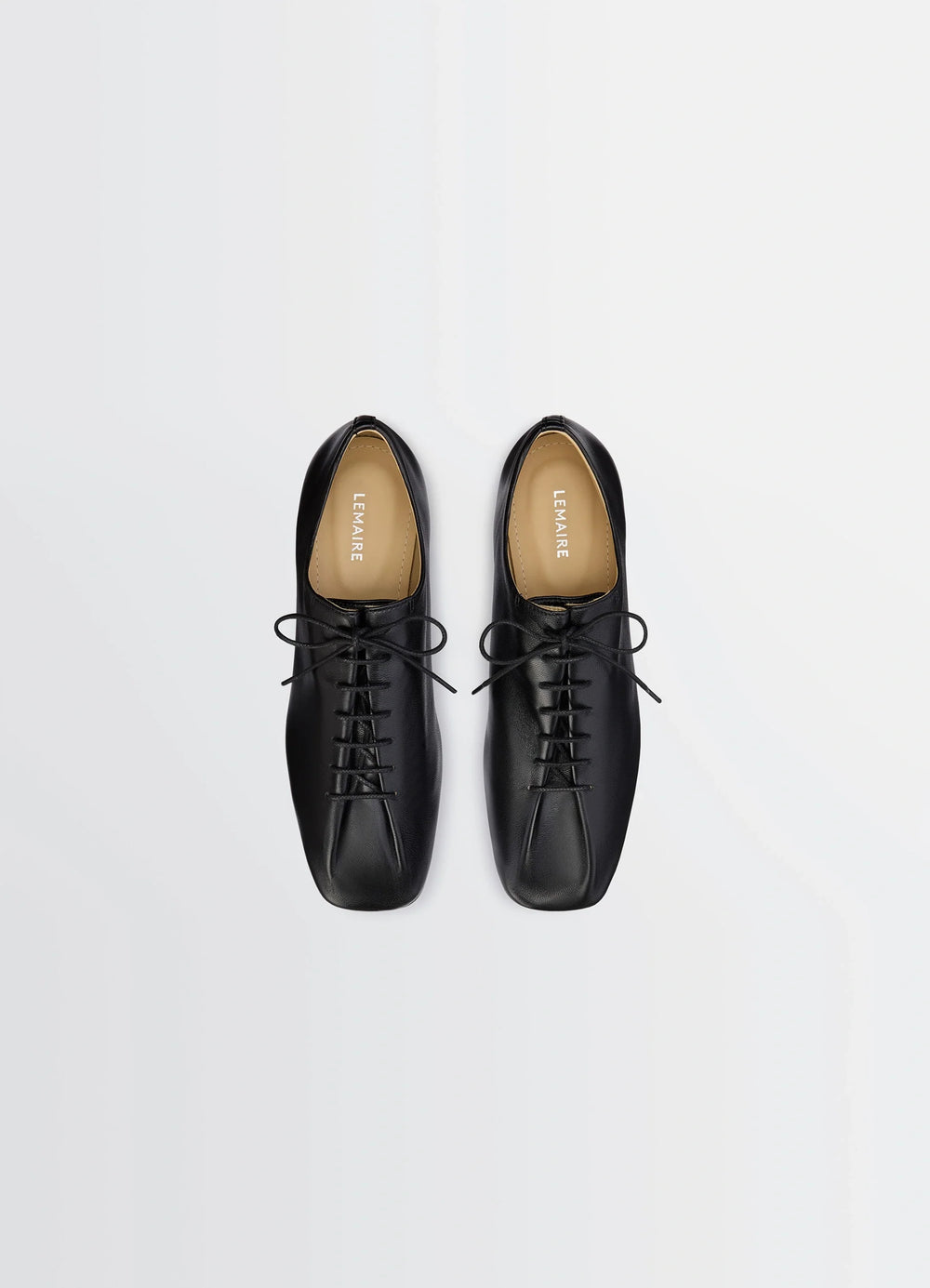 Souris Flat Classic Derbies in Black Nappa Lambskin Leather, product shot, top view lace detail, square toe
