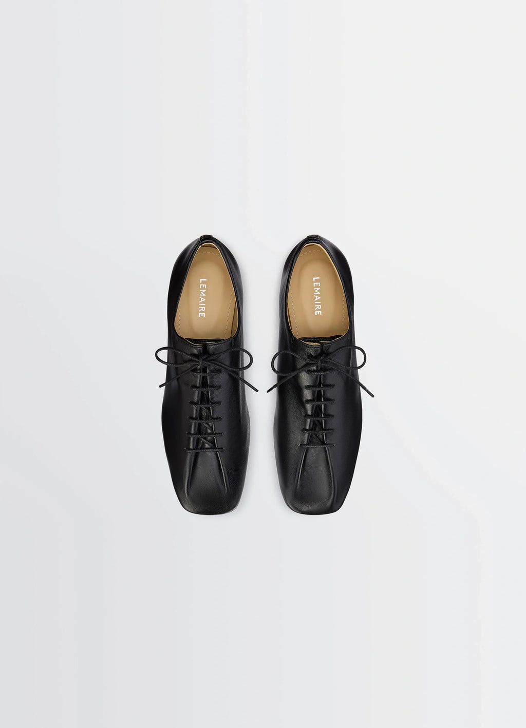 Souris Flat Classic Derbies in Black Nappa Lambskin Leather, product shot, top view lace detail, square toe