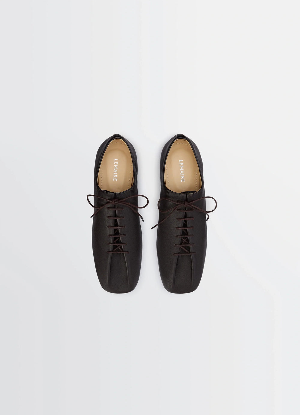Souris Flat Classic Derbies in Washed Nappa Lambskin Leather, product shot, top-down detail shot symmetrical lace alignment