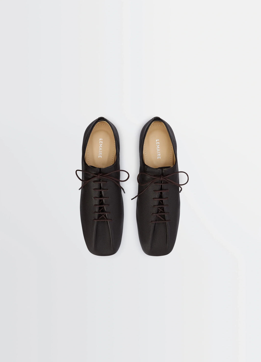 Souris Flat Classic Derbies in Washed Nappa Lambskin Leather, product shot, top-down detail shot symmetrical lace alignment