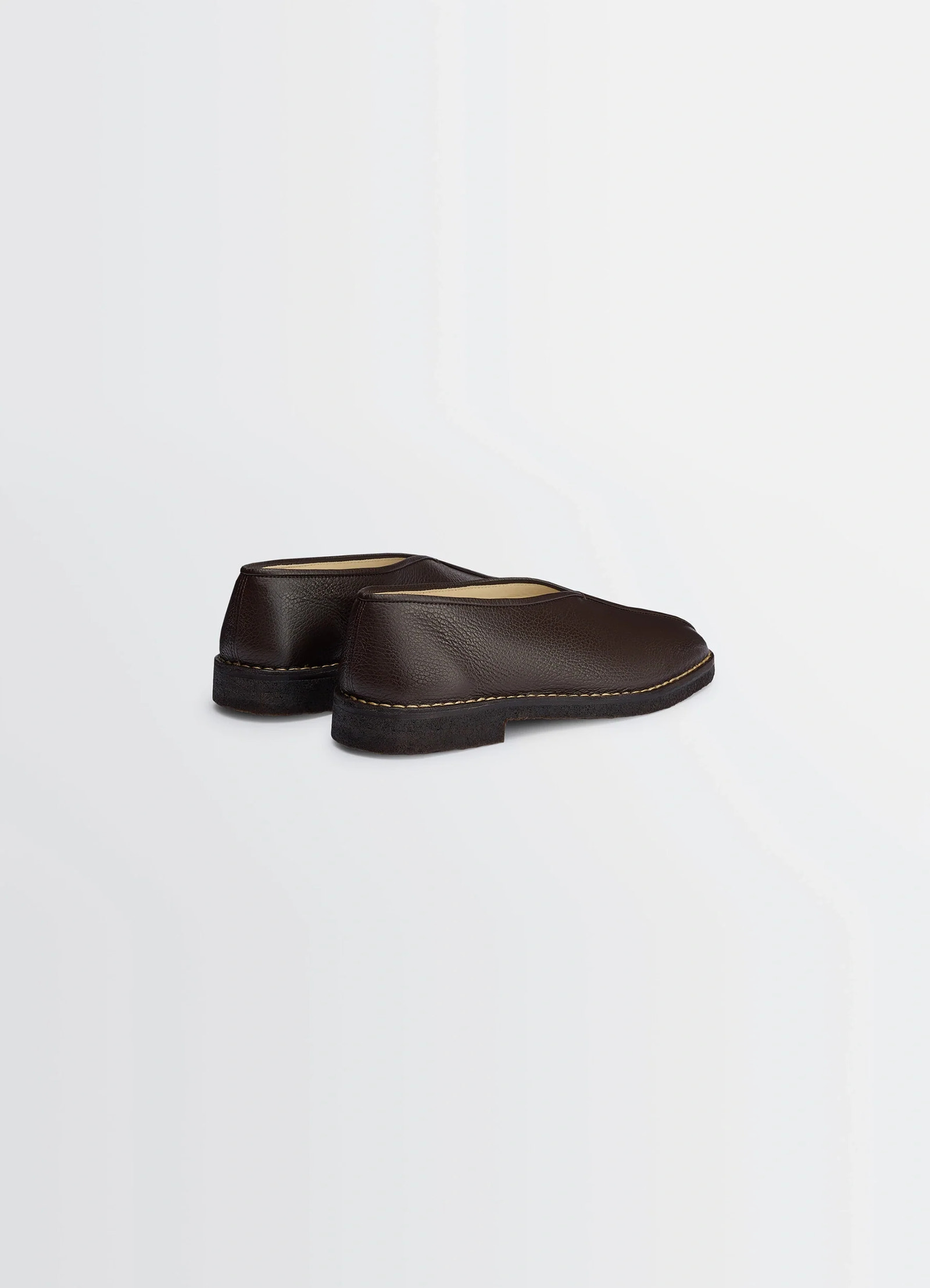 Lemaire piped crepe slippers in grained leather, product shot, back angle view simple back profile