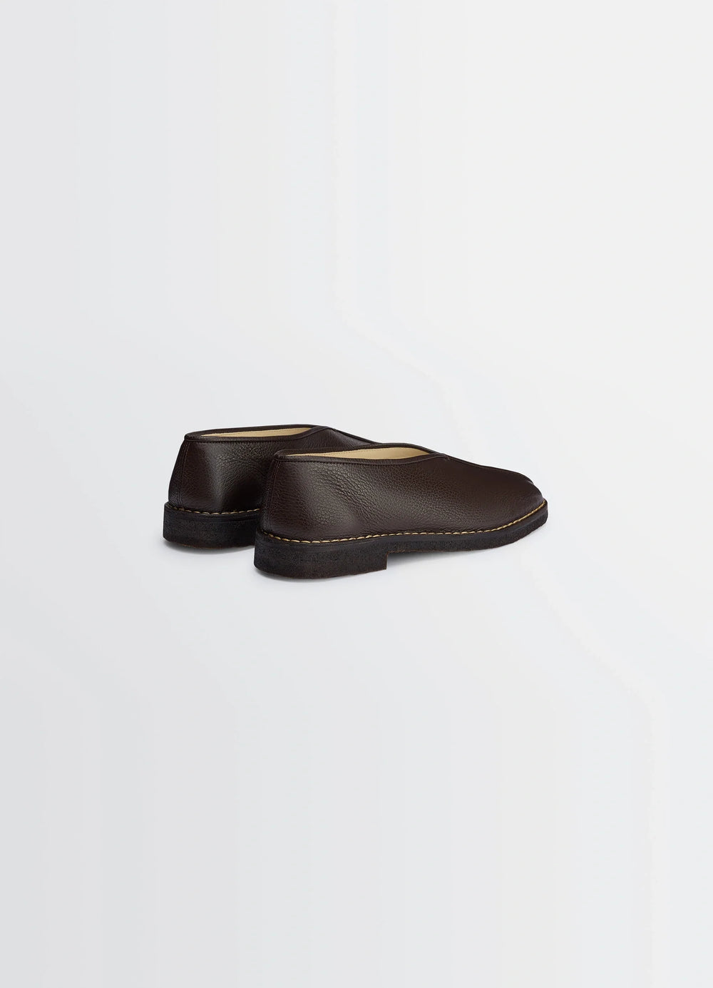 Lemaire Piped Crepe Slippers in Grained Leather, product shot, back angle view simple back profile