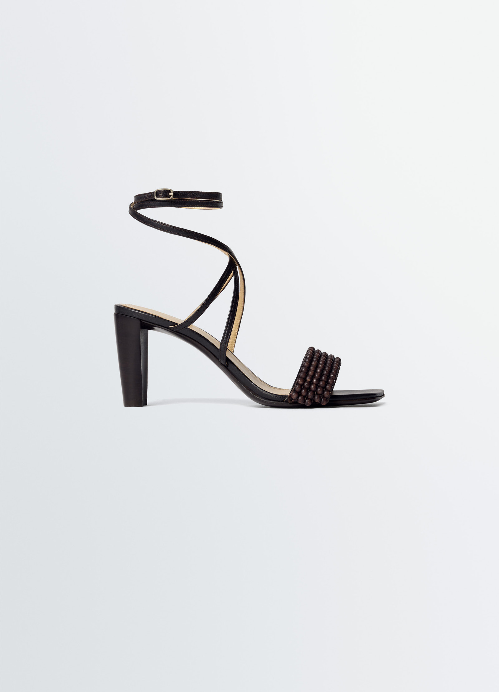 Cross sandals 80 mm heel in leather with beads, product shot, side view strappy design, beaded