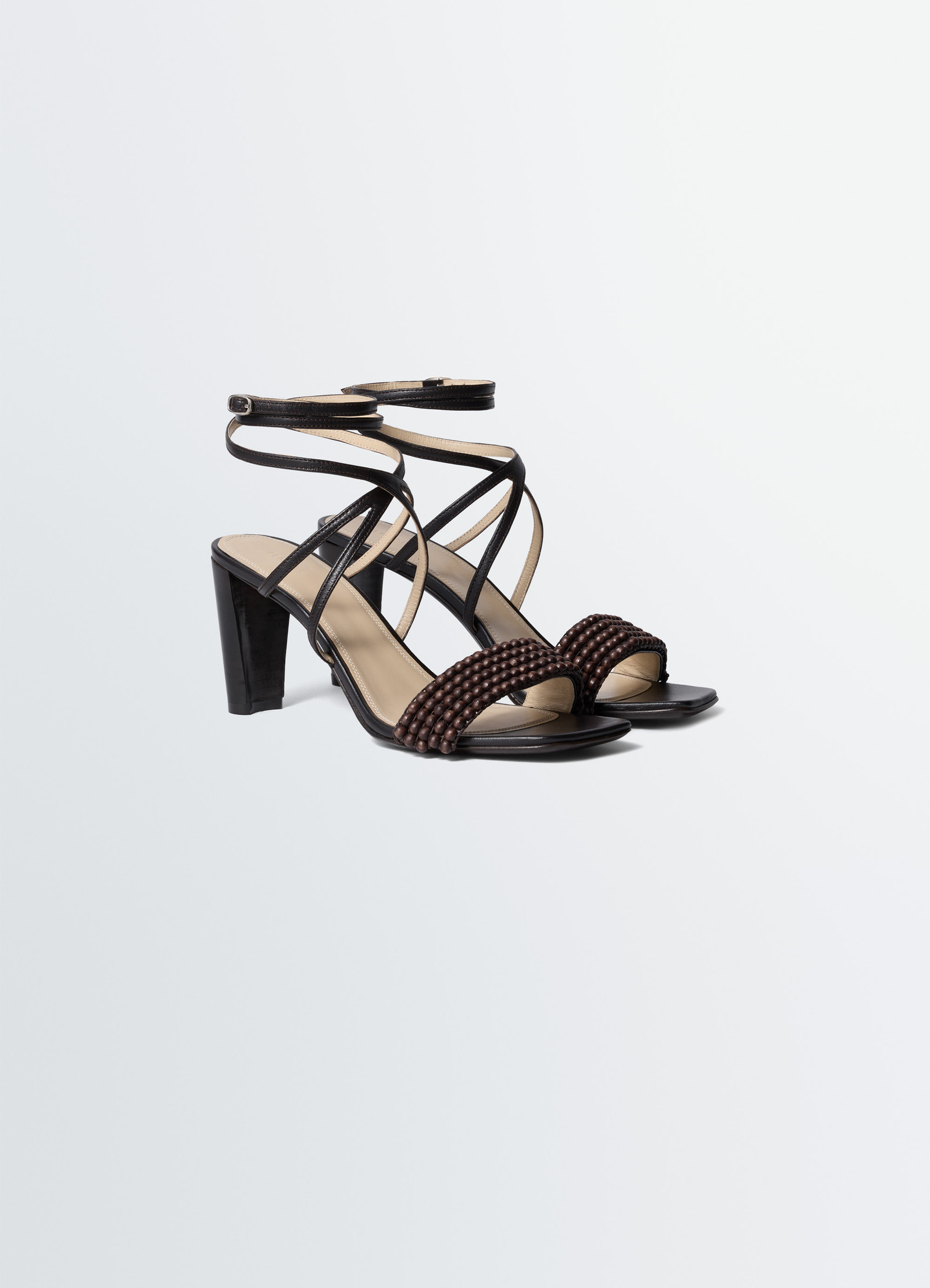 Cross sandals 80 mm heel in leather with beads, product shot, three-quarter angle high heel, detailed straps