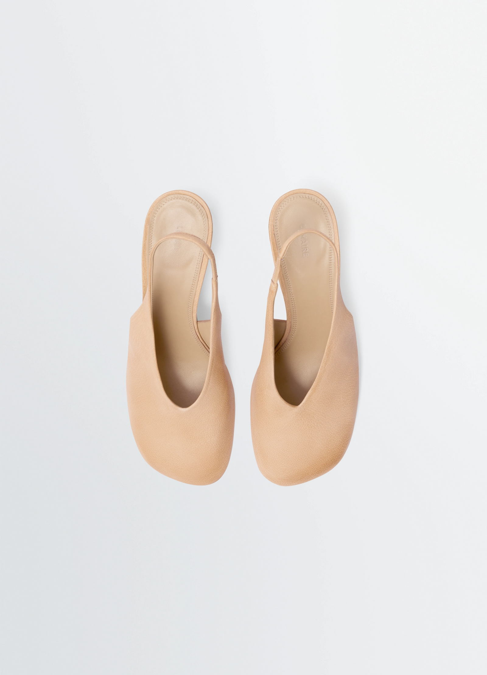 Glove slingback pumps 80 mm heel in washed buffalo leather, product shot, top down view round toe minimalist design