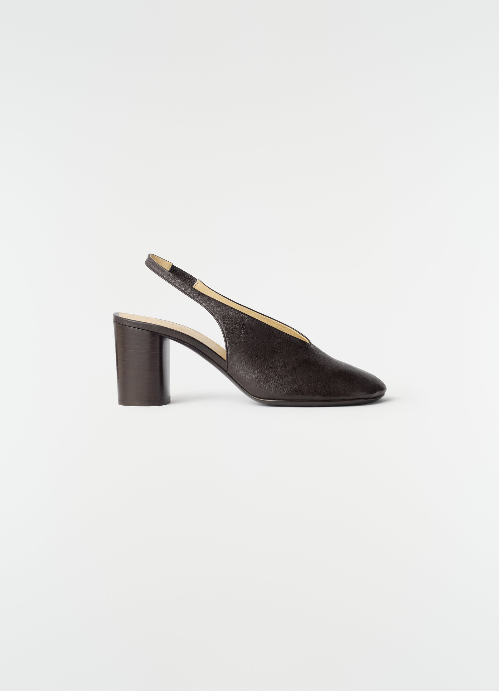 80mm dark brown lambskin slingback pumps with block heel by lemaire side view on white background